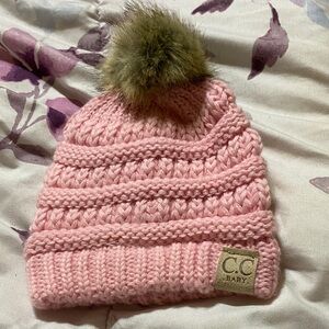 C.C Pink Knit Pom Beanie with Faux Fur Pom for Kids